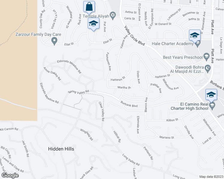 map of restaurants, bars, coffee shops, grocery stores, and more near 24448 Martha Street in Woodland Hills