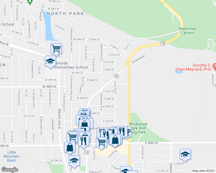 map of restaurants, bars, coffee shops, grocery stores, and more near 4775 North Sierra Way in San Bernardino