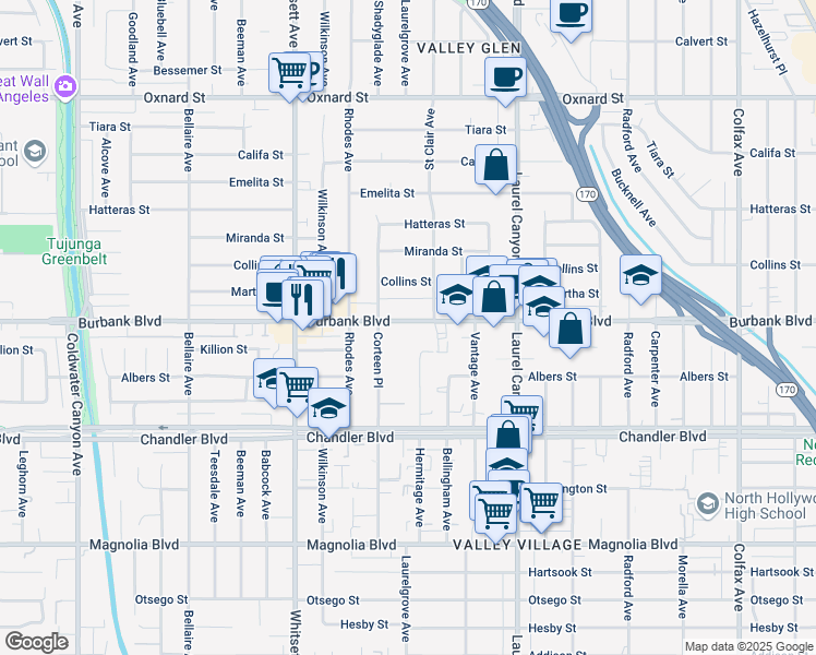 map of restaurants, bars, coffee shops, grocery stores, and more near 12254 Burbank Blvd in Valley Village