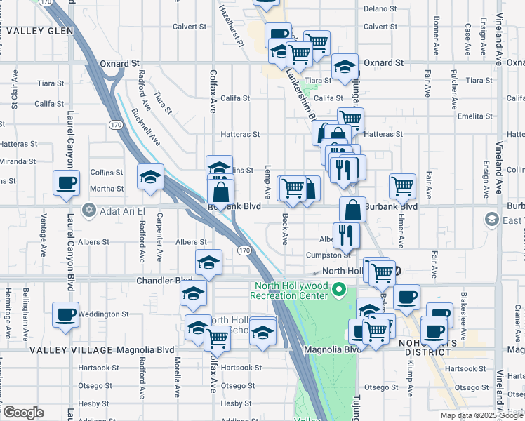 map of restaurants, bars, coffee shops, grocery stores, and more near 11556 Burbank Boulevard in Los Angeles