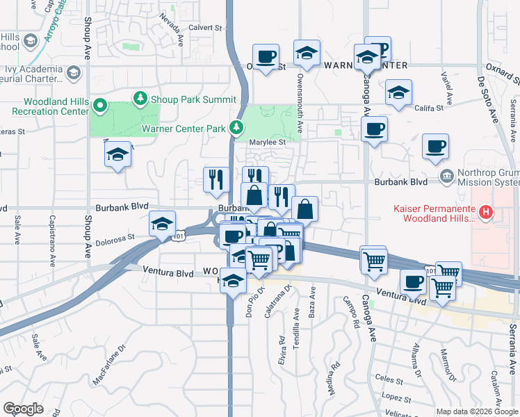 map of restaurants, bars, coffee shops, grocery stores, and more near 21900 Burbank Boulevard in Los Angeles