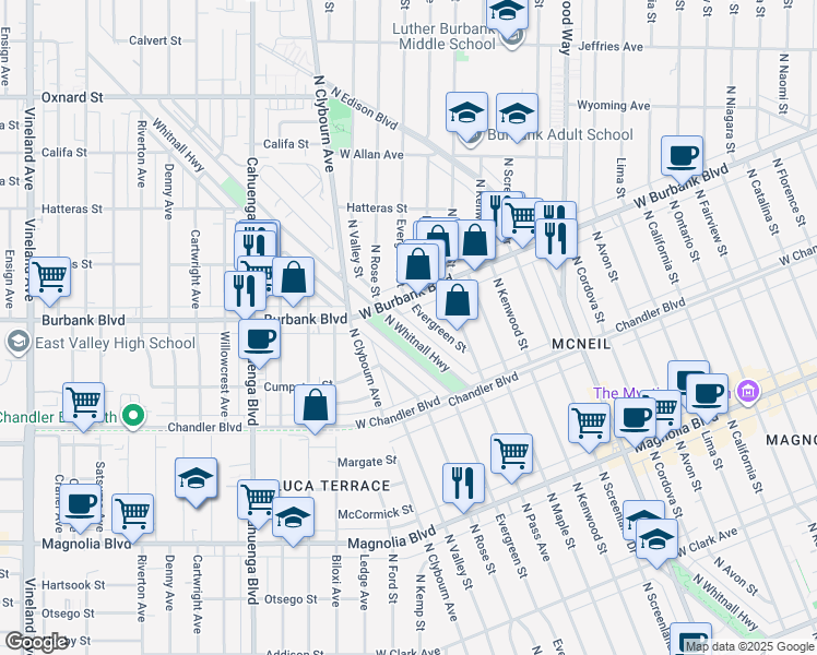map of restaurants, bars, coffee shops, grocery stores, and more near 1326 North Whitnall Highway in Burbank