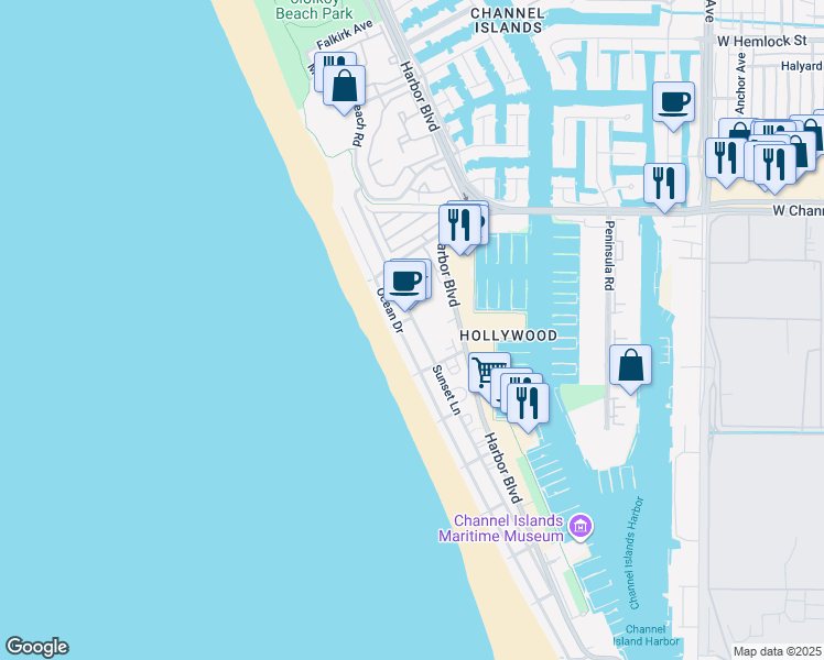 map of restaurants, bars, coffee shops, grocery stores, and more near 3953 Sunset Lane in Oxnard