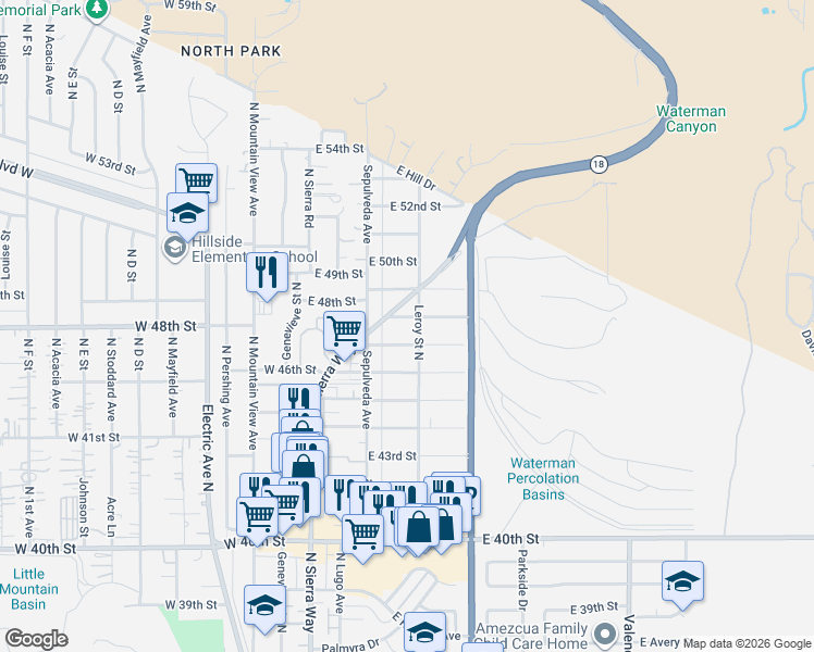 map of restaurants, bars, coffee shops, grocery stores, and more near 220 East 47th Street in San Bernardino