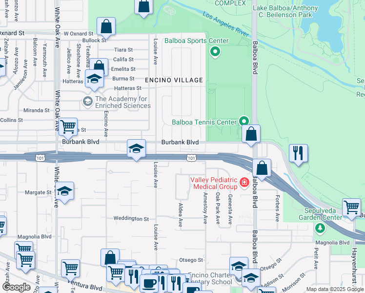 map of restaurants, bars, coffee shops, grocery stores, and more near 17166 Burbank Boulevard in Los Angeles