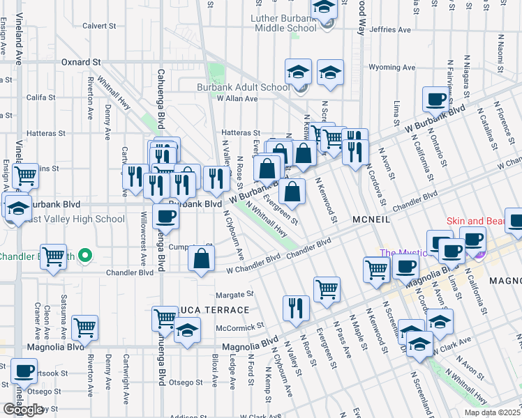 map of restaurants, bars, coffee shops, grocery stores, and more near 1326 North Whitnall Highway in Burbank