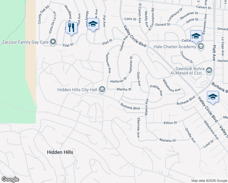 map of restaurants, bars, coffee shops, grocery stores, and more near 24440 Martha Street in Los Angeles