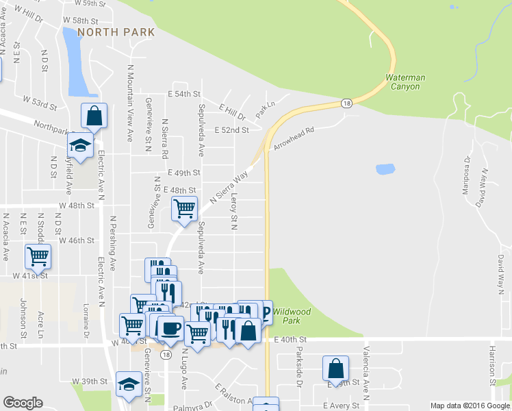 map of restaurants, bars, coffee shops, grocery stores, and more near 279 East 48th Street in San Bernardino