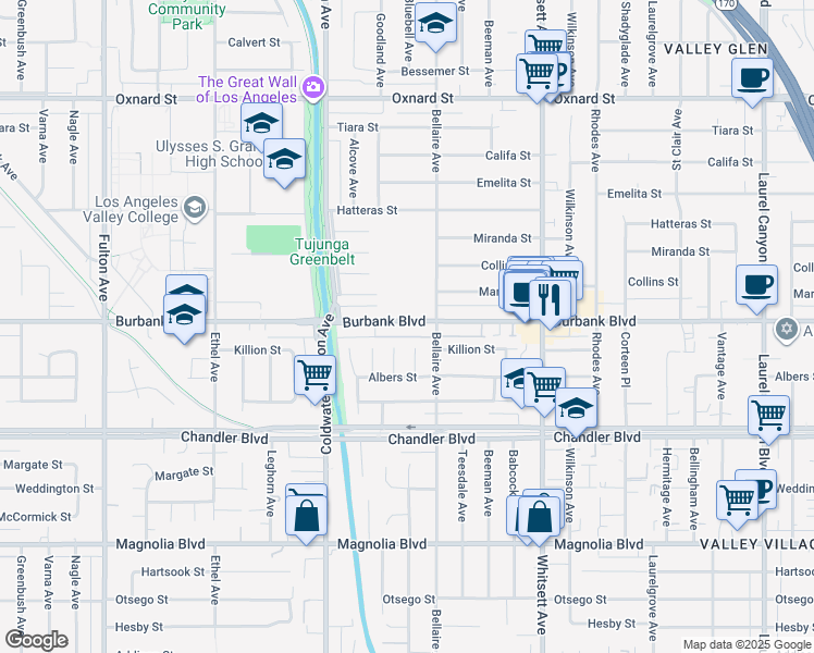 map of restaurants, bars, coffee shops, grocery stores, and more near 12720 Burbank Boulevard in Los Angeles