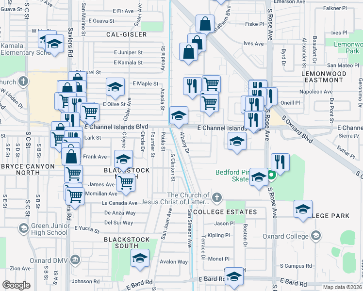map of restaurants, bars, coffee shops, grocery stores, and more near 2951 Albany Drive in Oxnard