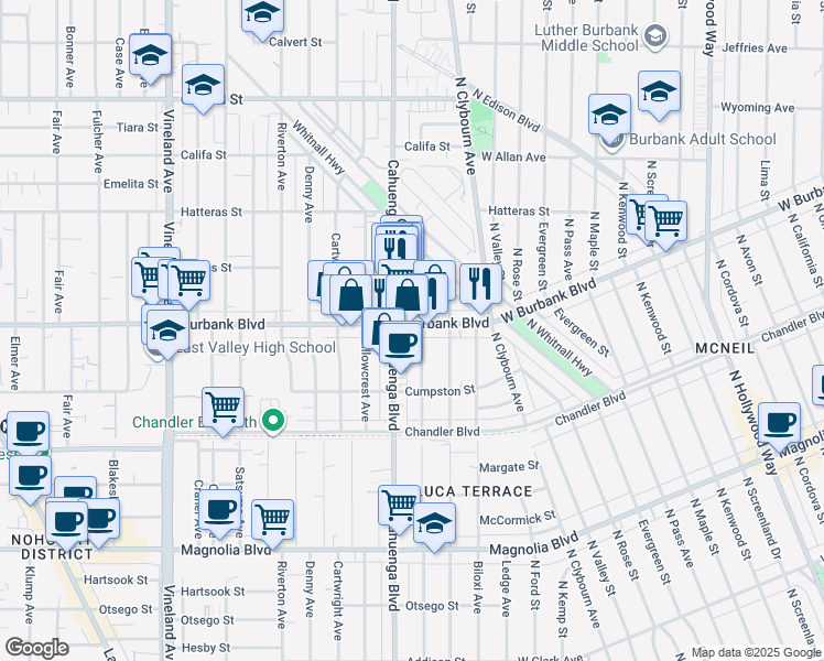map of restaurants, bars, coffee shops, grocery stores, and more near 5553 Auckland Avenue in Los Angeles