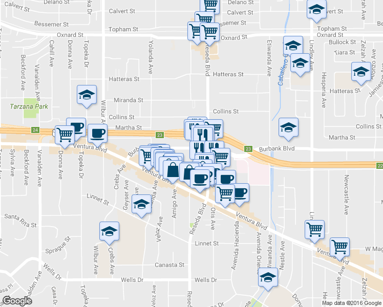 map of restaurants, bars, coffee shops, grocery stores, and more near 18536 Burbank Boulevard in Los Angeles