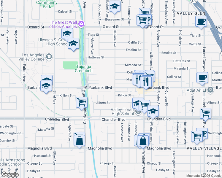 map of restaurants, bars, coffee shops, grocery stores, and more near 5530 Bluebell Avenue in Los Angeles