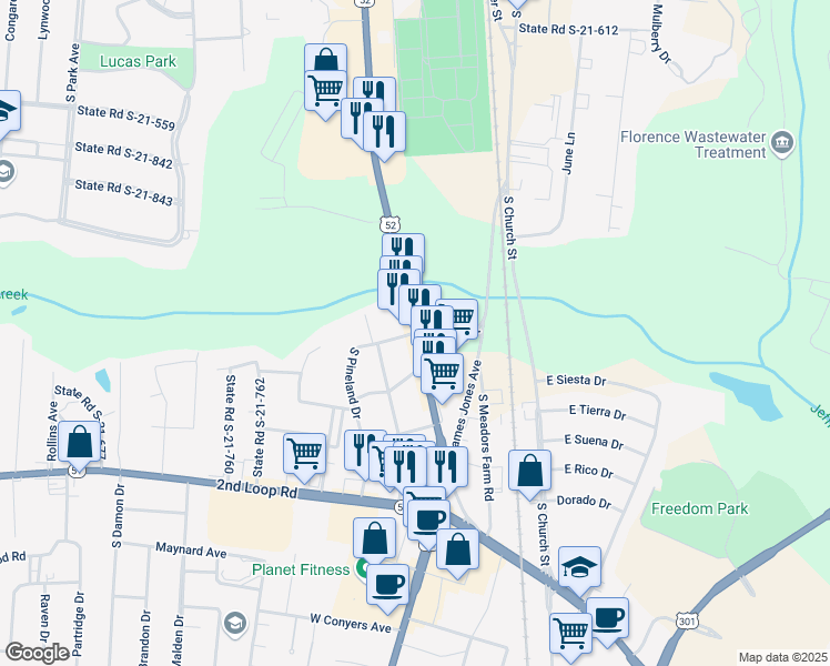 map of restaurants, bars, coffee shops, grocery stores, and more near 1943 S Irby St in Florence