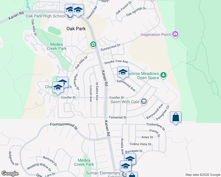 map of restaurants, bars, coffee shops, grocery stores, and more near 130 Kanan Road in Oak Park