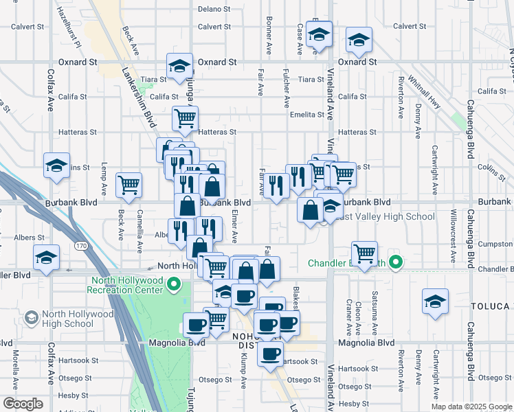 map of restaurants, bars, coffee shops, grocery stores, and more near 11170 Burbank Boulevard in Los Angeles