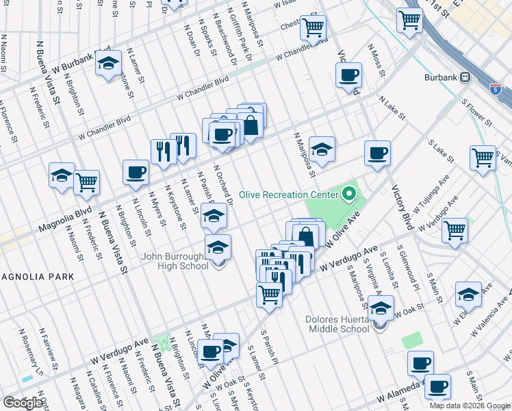 map of restaurants, bars, coffee shops, grocery stores, and more near 416 North Reese Place in Burbank