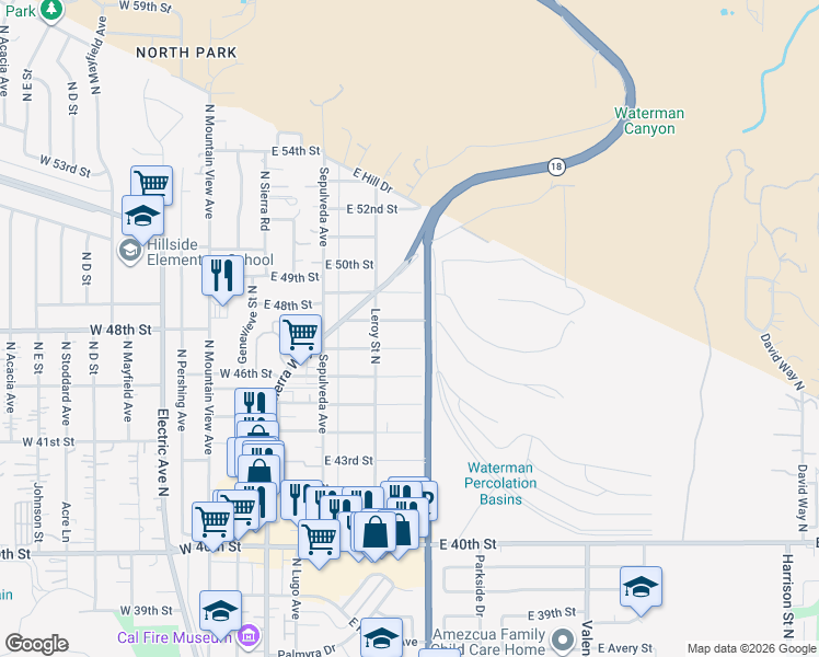 map of restaurants, bars, coffee shops, grocery stores, and more near 279 East 48th Street in San Bernardino