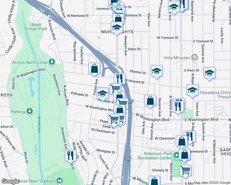 map of restaurants, bars, coffee shops, grocery stores, and more near in Pasadena