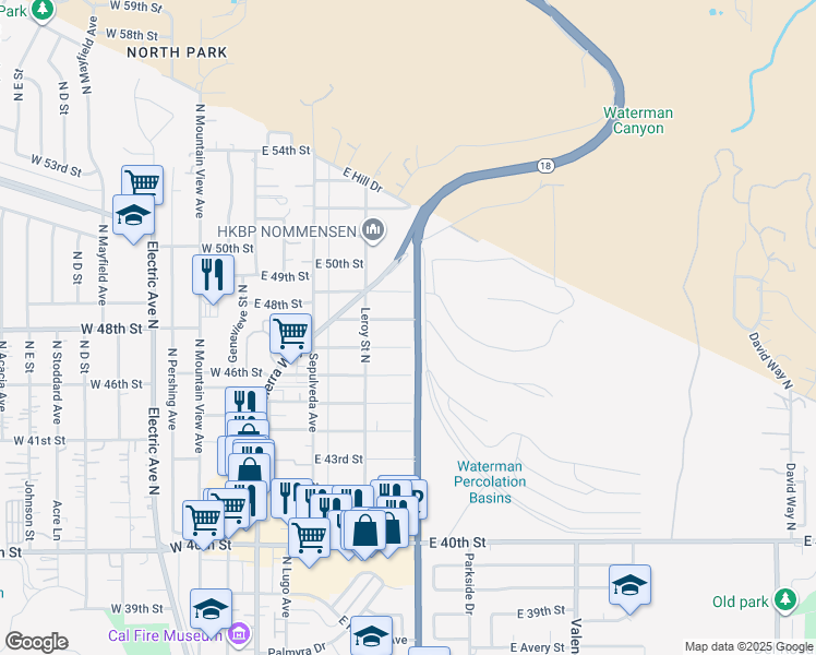 map of restaurants, bars, coffee shops, grocery stores, and more near 287 East 48th Street in San Bernardino