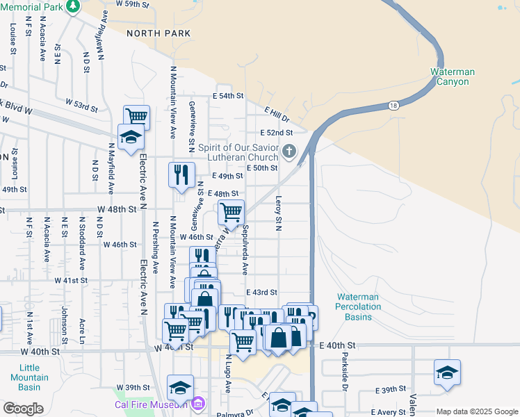 map of restaurants, bars, coffee shops, grocery stores, and more near 4775 North Sierra Way in San Bernardino