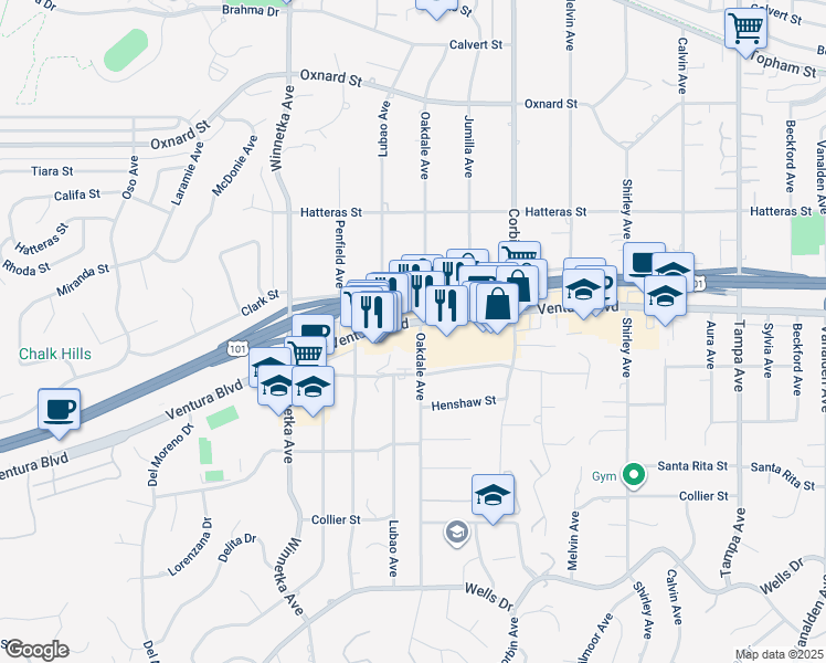 map of restaurants, bars, coffee shops, grocery stores, and more near 5525 Oakdale Avenue in Los Angeles