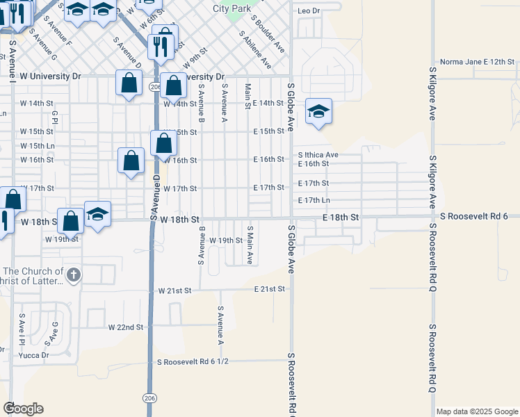 map of restaurants, bars, coffee shops, grocery stores, and more near 1725 South Abilene Avenue in Portales