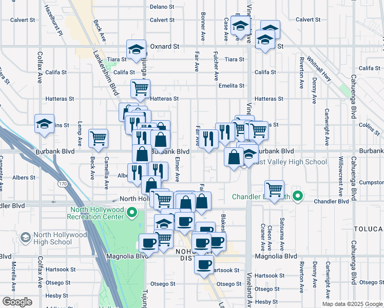 map of restaurants, bars, coffee shops, grocery stores, and more near 5555 Klump Avenue in Los Angeles