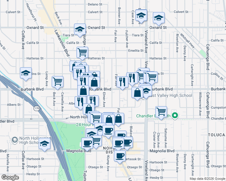map of restaurants, bars, coffee shops, grocery stores, and more near 11170 Burbank Boulevard in Los Angeles