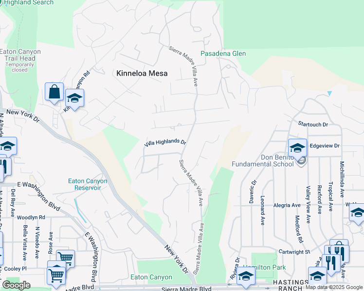map of restaurants, bars, coffee shops, grocery stores, and more near 3290 Villa Highlands Drive in Pasadena