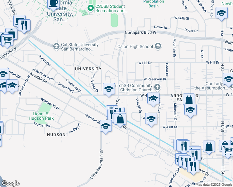 map of restaurants, bars, coffee shops, grocery stores, and more near 1380 West 48th Street in San Bernardino