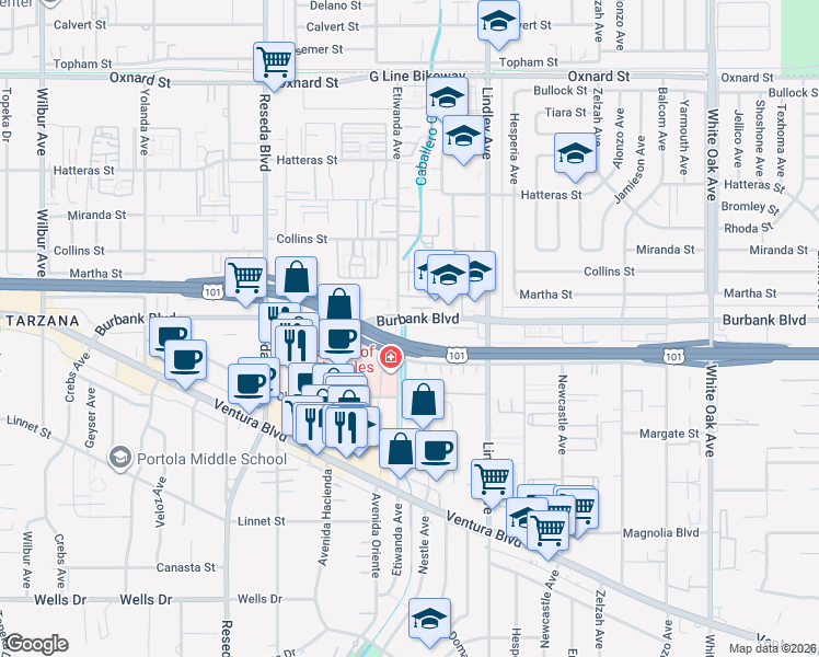 map of restaurants, bars, coffee shops, grocery stores, and more near 18242 Burbank Boulevard in Los Angeles