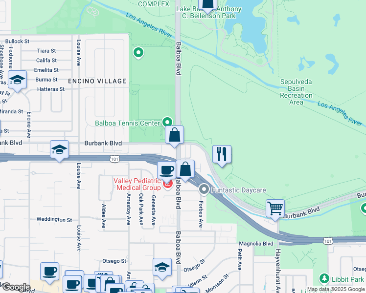 map of restaurants, bars, coffee shops, grocery stores, and more near 5546 Balboa Boulevard in Los Angeles