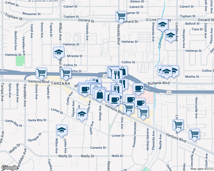 map of restaurants, bars, coffee shops, grocery stores, and more near 18550 Burbank Boulevard in Los Angeles