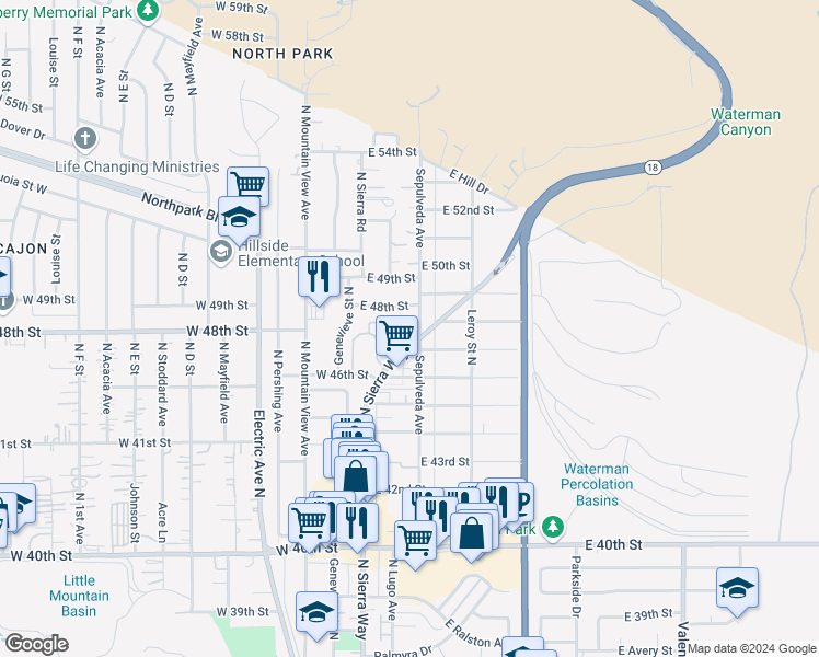 map of restaurants, bars, coffee shops, grocery stores, and more near 4716 Olivewood Lane in San Bernardino