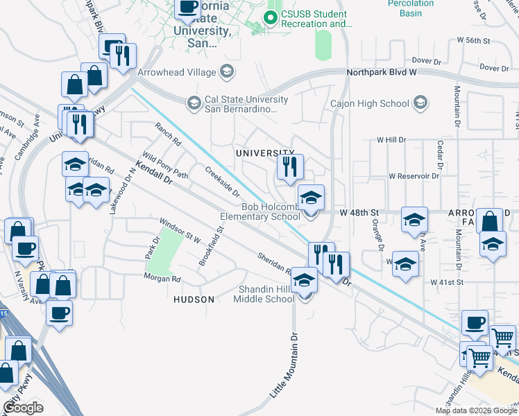 map of restaurants, bars, coffee shops, grocery stores, and more near 1468 Creekside Drive in San Bernardino