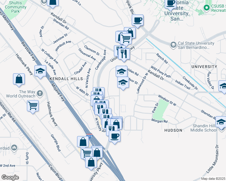 map of restaurants, bars, coffee shops, grocery stores, and more near 1930 West College Avenue in San Bernardino