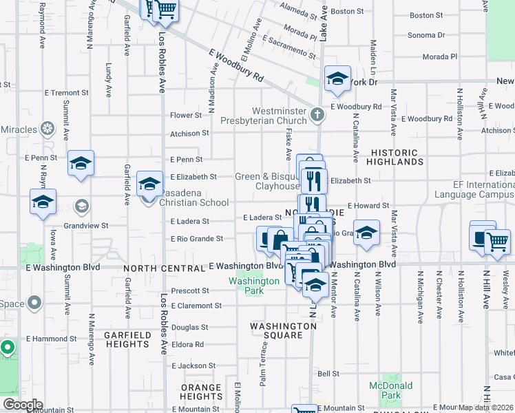 map of restaurants, bars, coffee shops, grocery stores, and more near 723 East Ladera Street in Pasadena
