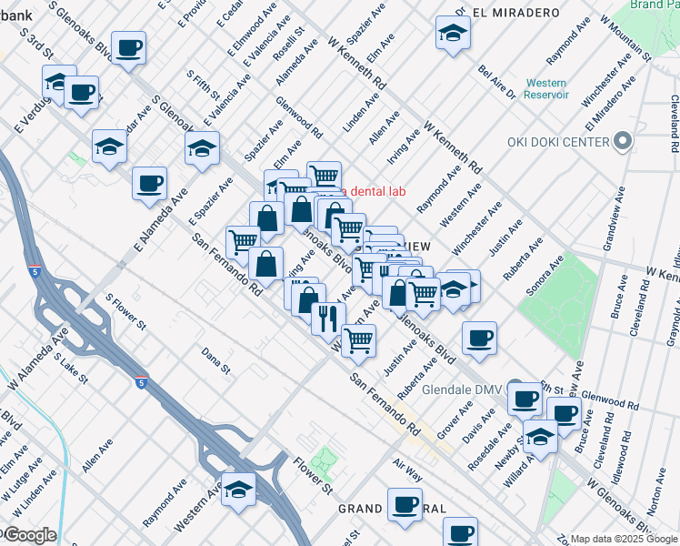 map of restaurants, bars, coffee shops, grocery stores, and more near 1057 Raymond Avenue in Glendale