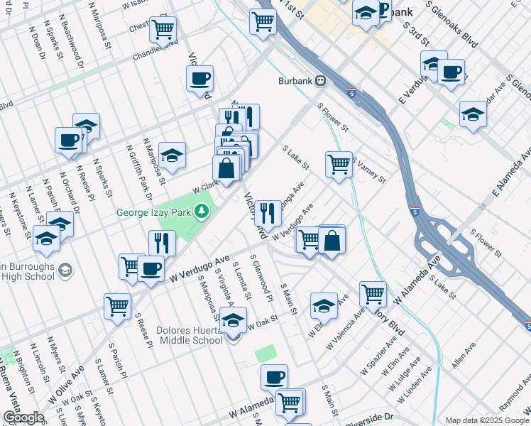 map of restaurants, bars, coffee shops, grocery stores, and more near 223 1/2 South Victory Boulevard in Burbank