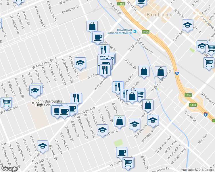 map of restaurants, bars, coffee shops, grocery stores, and more near 1005 West Angeleno Avenue in Burbank