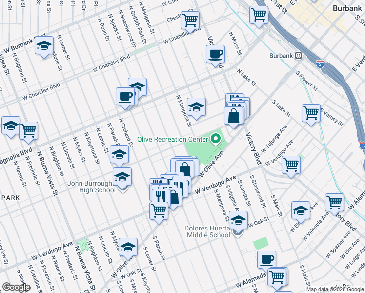 map of restaurants, bars, coffee shops, grocery stores, and more near 225 North Griffith Park Drive in Burbank