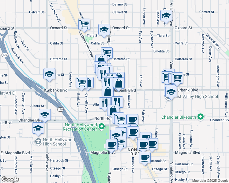 map of restaurants, bars, coffee shops, grocery stores, and more near in Los Angeles