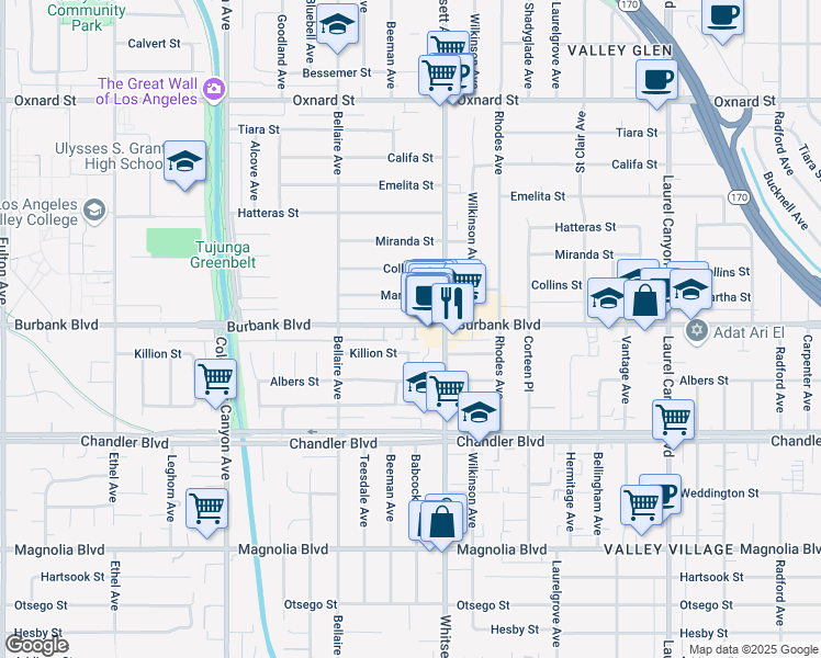 map of restaurants, bars, coffee shops, grocery stores, and more near 12547 Killion Street in Los Angeles