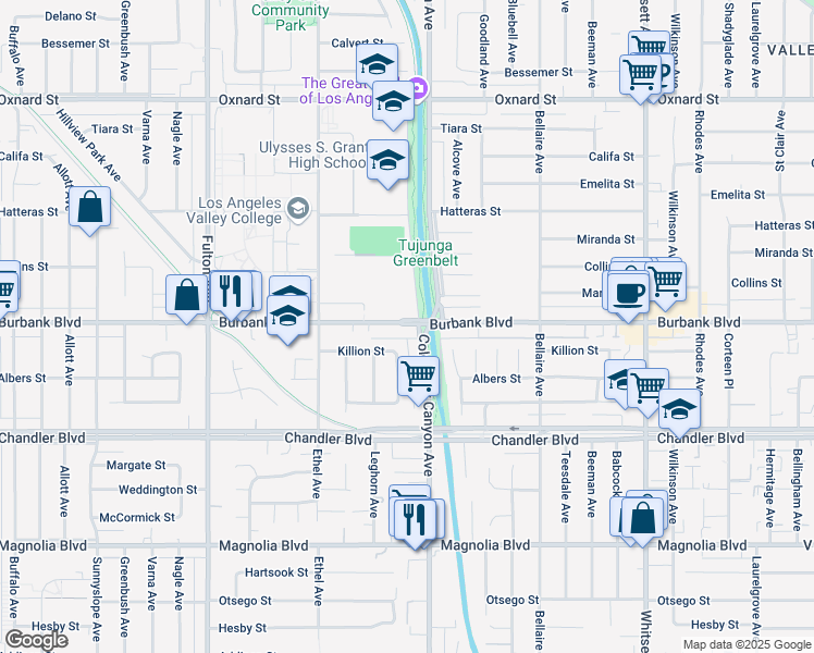 map of restaurants, bars, coffee shops, grocery stores, and more near 5539 Coldwater Canyon Avenue in Los Angeles