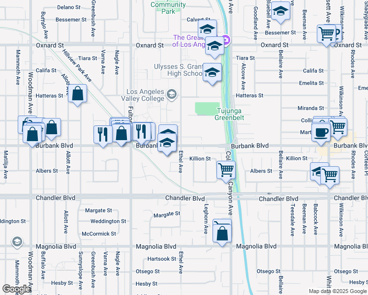map of restaurants, bars, coffee shops, grocery stores, and more near 13041 Killion Street in Los Angeles