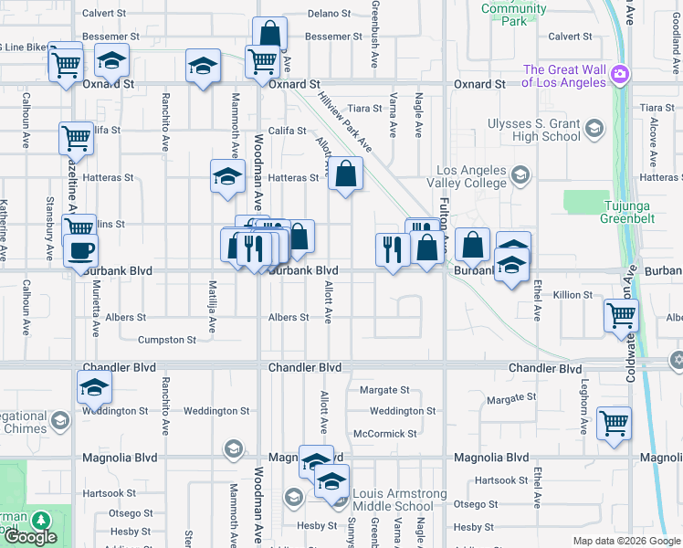 map of restaurants, bars, coffee shops, grocery stores, and more near 5537 Allott Avenue in Los Angeles