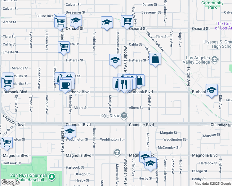 map of restaurants, bars, coffee shops, grocery stores, and more near 5541 Mammoth Avenue in Los Angeles