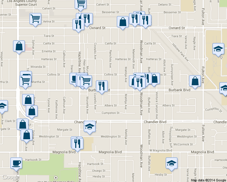 map of restaurants, bars, coffee shops, grocery stores, and more near 5538 Ranchito Avenue in Los Angeles