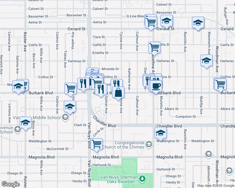map of restaurants, bars, coffee shops, grocery stores, and more near 5536 Tyrone Avenue in Los Angeles